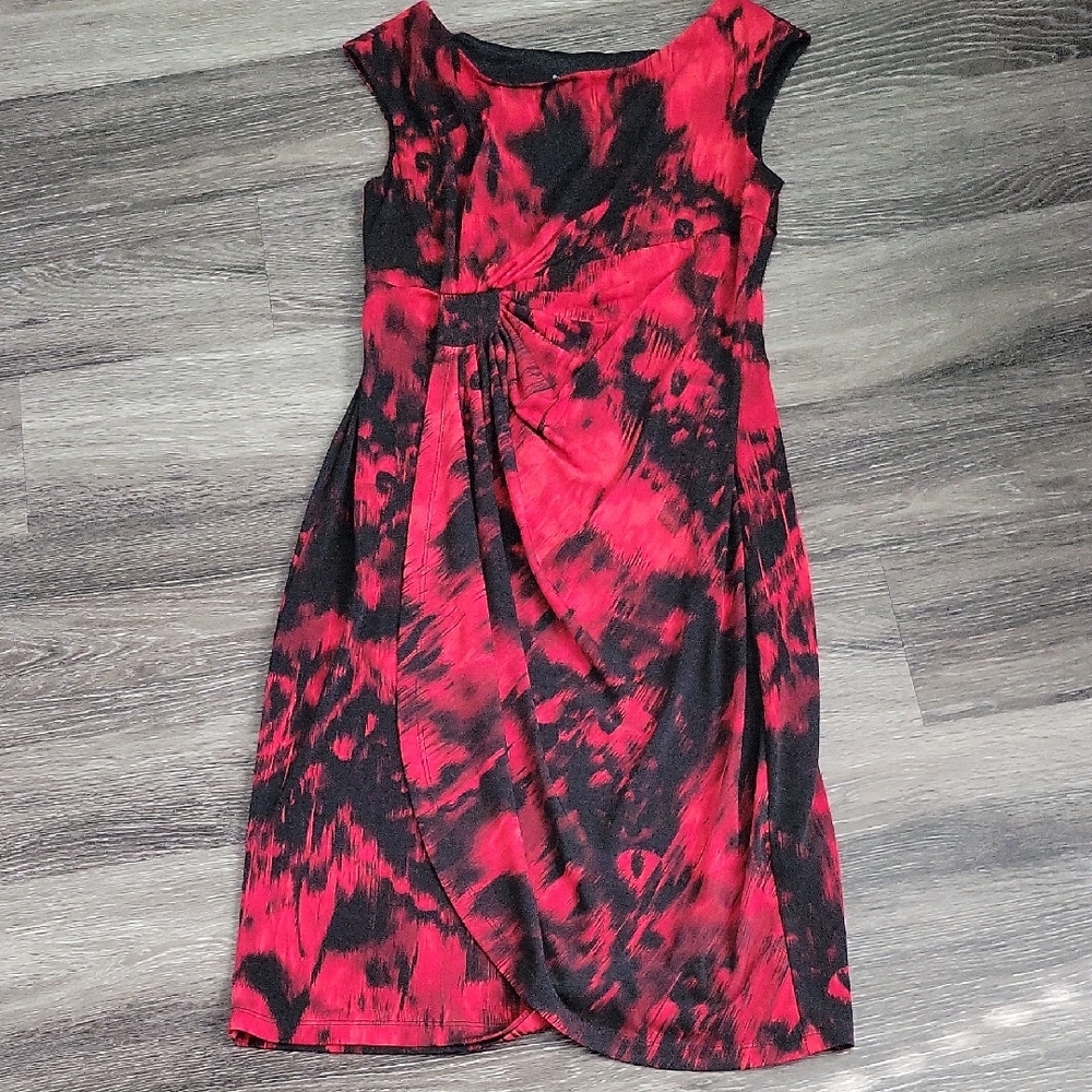 Red and Black Pleated Sheath Midi Dress